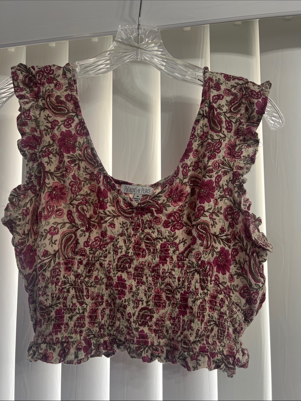 Patrons of Peace Floral Ruffle Shirred Crop Top in Cream and Magenta
